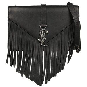 Saint Laurent Black Leather Fringe Chain Shoulder Bag FLY418336-0915 186222